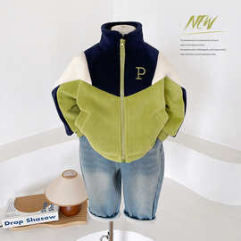 风之谷2024秋冬新款童装儿童韩版拼色澳粒绒外套男童百搭加厚上衣