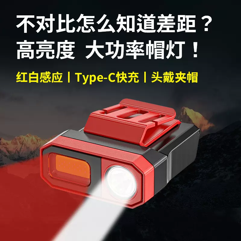 新款感应夜钓灯钓鱼头灯USB充电帽夹灯LED帽灯头戴式防水双光头灯