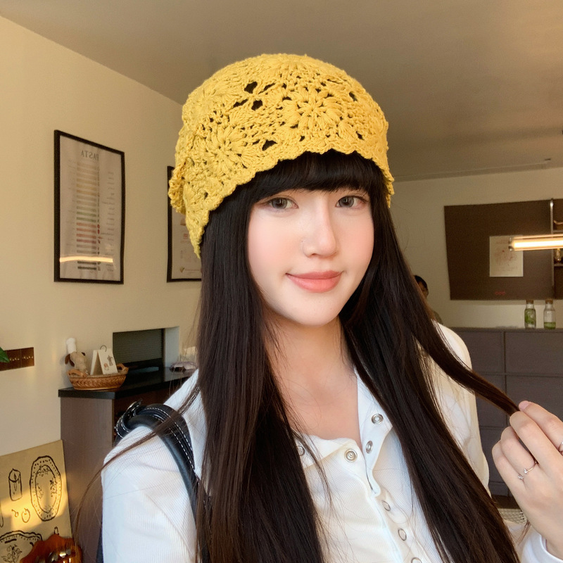 春と秋の手織りつば帽子女性の薄い中空ウール帽子レトロ文学ニット帽子パイル帽子|undefined