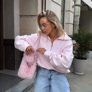 Amazon Cross-Border Letter Embroider High-End Top Spring & Fall New Half-Zip Lapel Long-Sleeved Sweatshirt Ins Women