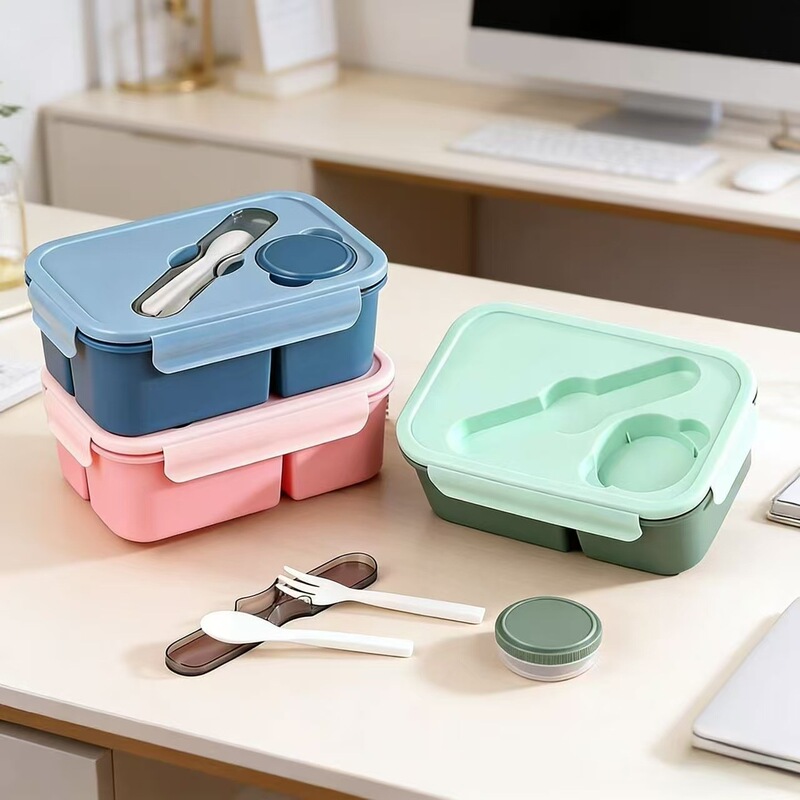 Plastic Sealed Lunch Box with Three Compartments, Including Spoon and Fork, Microwaveable, Food-Grade Safe, Microwaveable Heating
