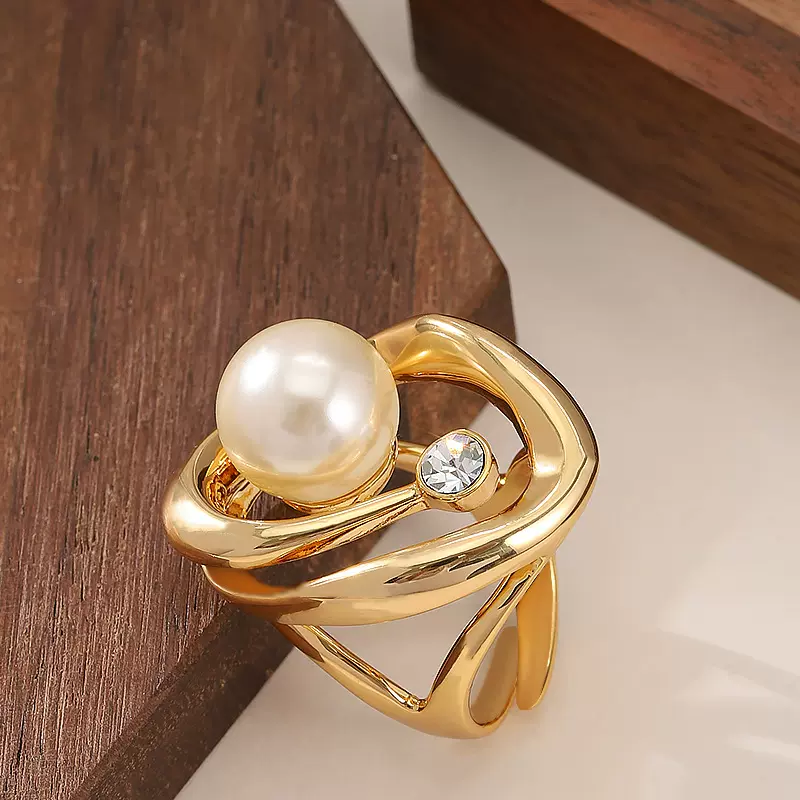 日韩时尚精致镶钻珍珠戒指小众高级感不掉色开口可调节闺蜜食指戒