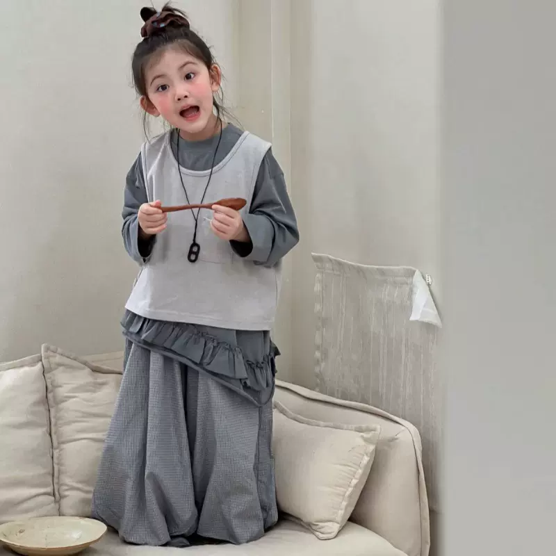 女童韩版童装2026春季新款花边拼接两件套撞色上衣格子裤宽松套装