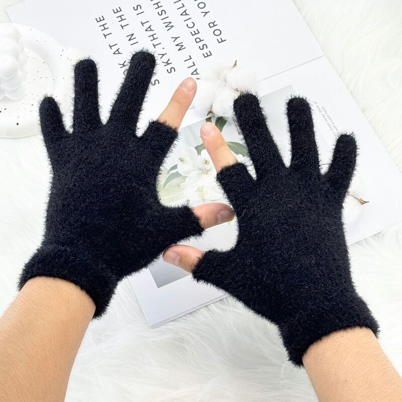 二半指フェイクミンク手袋 秋冬 学生用 筆記用 女性用 指出し サイクリング手袋 無地 通勤用 防寒手袋|undefined