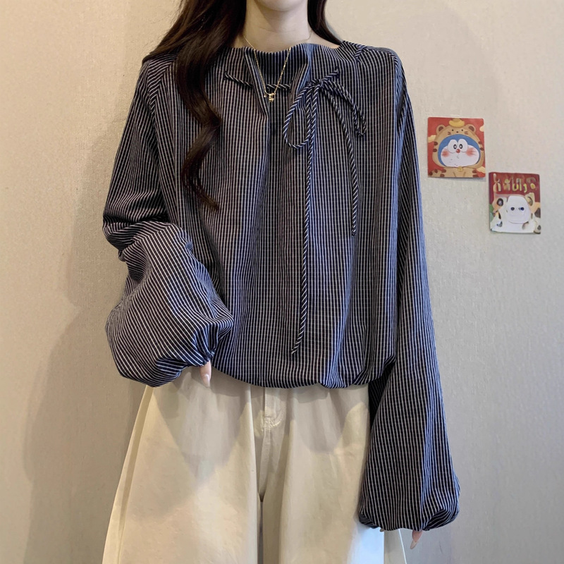 Plus-Size Korean-Style Unique Lantern Long-Sleeve Shirt for Women, Early Autumn 2025 New Model, Slimming and Distinctive Striped Top Plus-Size Korean-Style Unique Lantern Long-Sleeve Shirt for Women, Early Autumn 2025 New Model, Slimming and Distinctive Striped Top