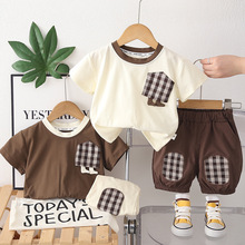 男宝宝夏装套装婴儿童装洋气衣服1-3岁夏季格子口袋短袖两件套潮