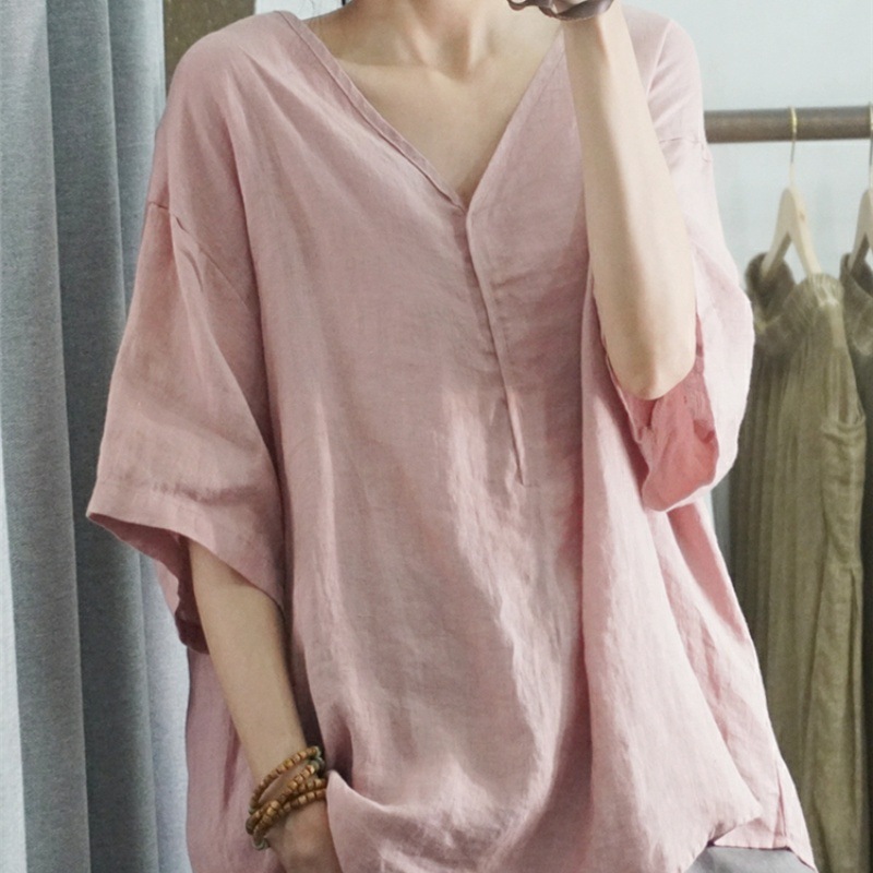 Women's Clothing Summer Style Women's Casual Shirt Short Sleeve Loose Cotton Linen Top Plus Size Pink And Black_ecoleips.com