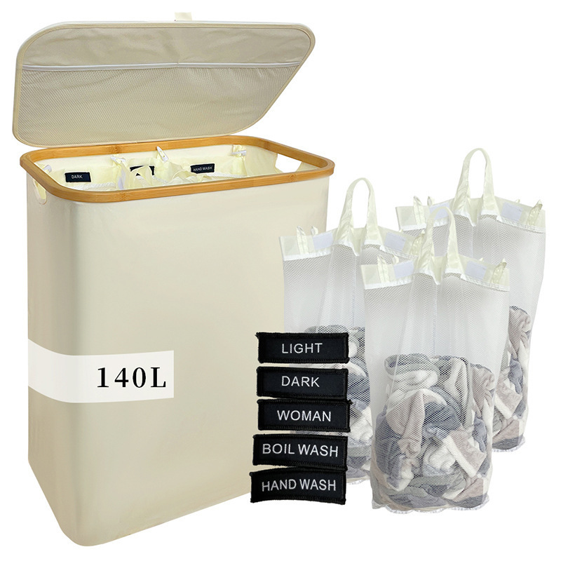 Cesta de ropa sucia transfronteriza con bolsillo interior con cubierta de bambú y madera plegable Cesta de almacenamiento de ropa sucia Cesta de ropa sucia