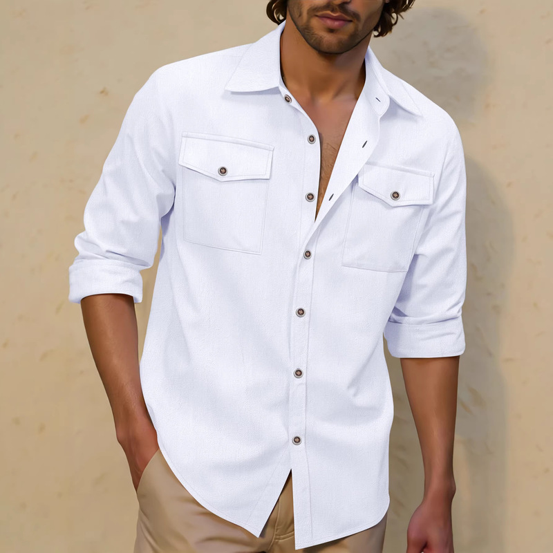 Cross-Border 2026 Spring and Autumn New Men's Linen Shirt Long-Sleeve Casual European and American Style Solid Color Turn-Down Collar Loose Versatile Men's Shirt Cross-Border 2026 Spring and Autumn New Men's Linen Shirt Long-Sleeve Casual European and American Style Solid Color Turn-Down Collar Loose Versatile Men's Shirt