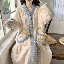 睡衣女冬季珊瑚绒睡袍女冬款法兰绒加绒加厚中长款开衫家居服睡裙