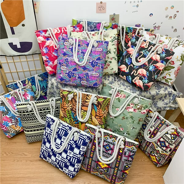 Double-Sided Pattern Bohemian Style Casual Shoulder Bag Fashion Women's Bag Live Broadcast Cross-Border Supply Canvas Bag Large Capacity