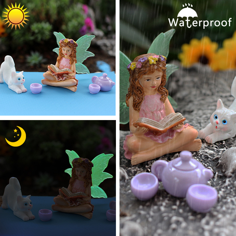 Creative courtyard balcony gardening luminous fairy decoration gift home simulation resin kitten decoration ornaments