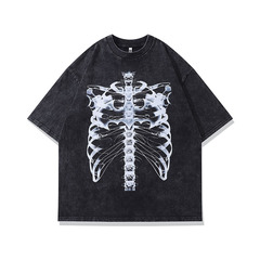 TKPA Western Street Bone Print Spray Washed Distressed Short Sleeve T-Shirt for Men and Women Hip-Hop Retro Half-Sleeve Tee Shirt