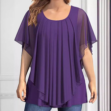 2024亚马逊跨境欧美大码女装新款遮肚显瘦宽松纯色短袖女