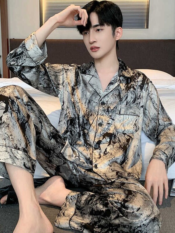 Ice Silk Pajamas for Men, Summer Long-Sleeved Thin Short-Sleeved Home Clothes with Ink Splash Painting and Silk Feel, Suitable for Boys to Wear Outside Ice Silk Pajamas for Men, Summer Long-Sleeved Thin Short-Sleeved Home Clothes with Ink Splash Painting and Silk Feel, Suitable for Boys to Wear Outside