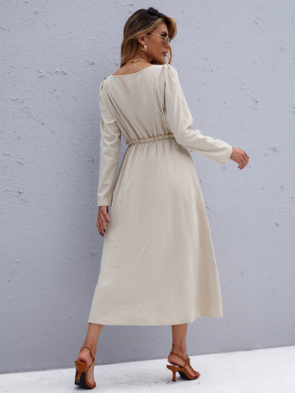 Round Neck Pullover Casual Solid Color Long-sleeved Waist Dress Wholesale Nihaojewelry display picture 5