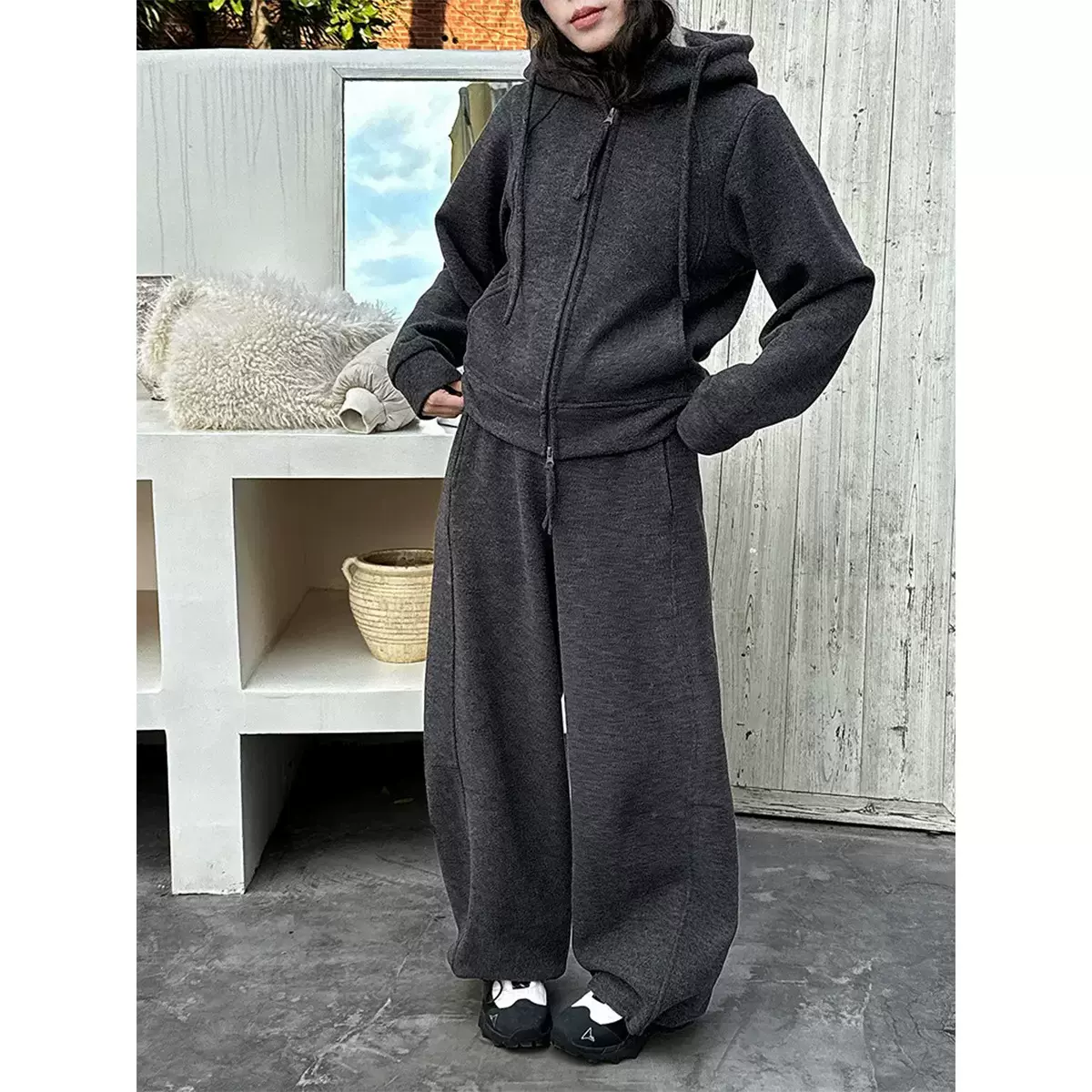 鹿西羊毛加绒连帽双拉链卫衣可调节束脚长裤气质休闲运动套装2108