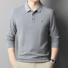 純綿poloシャツ紳士服春と秋の2024新型の襟付き長袖tシャツ中年のお父さんは刺繍カジュアルな上着を着ています。