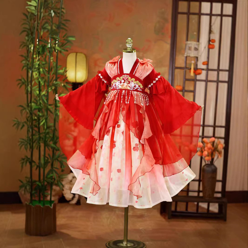 Chinese Style Red and Pink Gradient Girls' Improved Hanfu Dress, New Year's Greeting Outfit, Performance Costume, Children's Ancient Style Princess Hanfu Chinese Style Red and Pink Gradient Girls' Improved Hanfu Dress, New Year's Greeting Outfit, Performance Costume, Children's Ancient Style Princess Hanfu