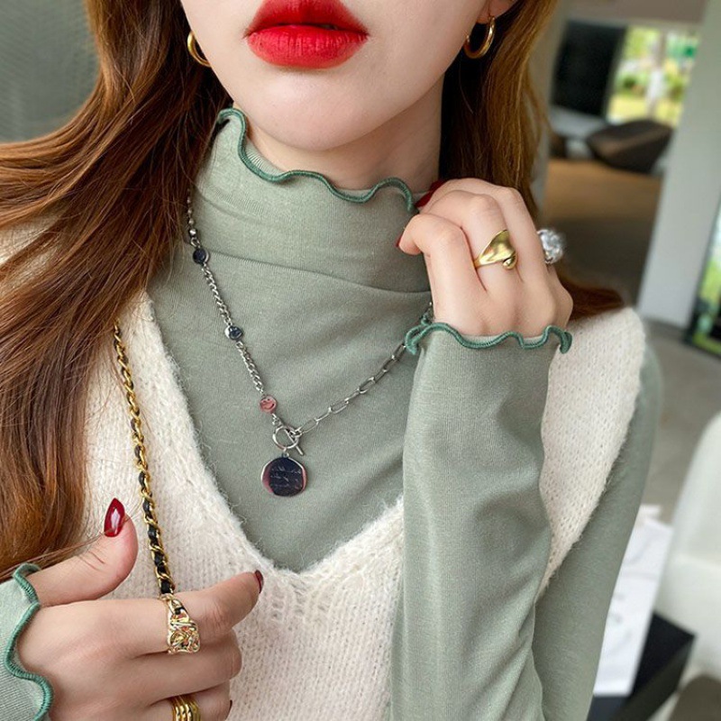 슬림핏 브러시 탑이 있는 여성용 하프 하이 칼라 가을과 겨울 긴팔 티셔츠