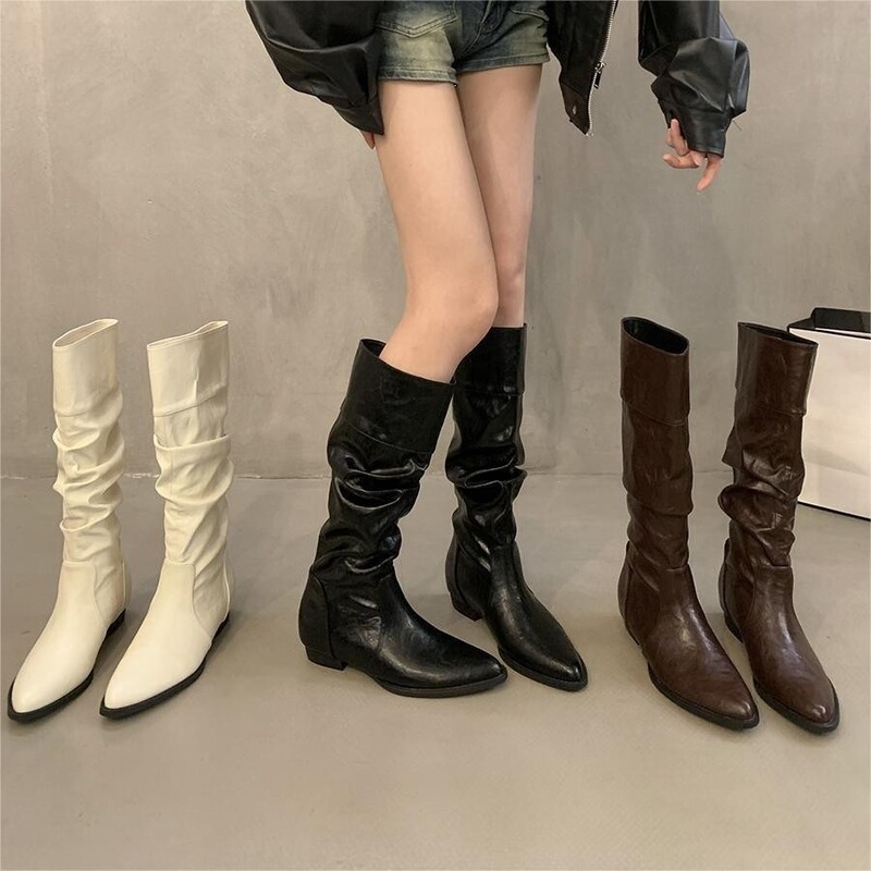 Off-white chunky-heeled pointed-toe ankle boots, women's boots, 2024 new autumn/winter collection, mid-calf, slim-fit, riding boots