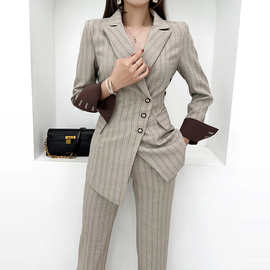 跨境新款两件套2025秋季修身条纹西装外套时尚收腰女裤职业套装