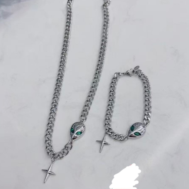 2026 New Niche Design Stainless Steel Cuban Necklace Alien Cross Bracelet Unisex Non-Fading 2026 New Niche Design Stainless Steel Cuban Necklace Alien Cross Bracelet Unisex Non-Fading