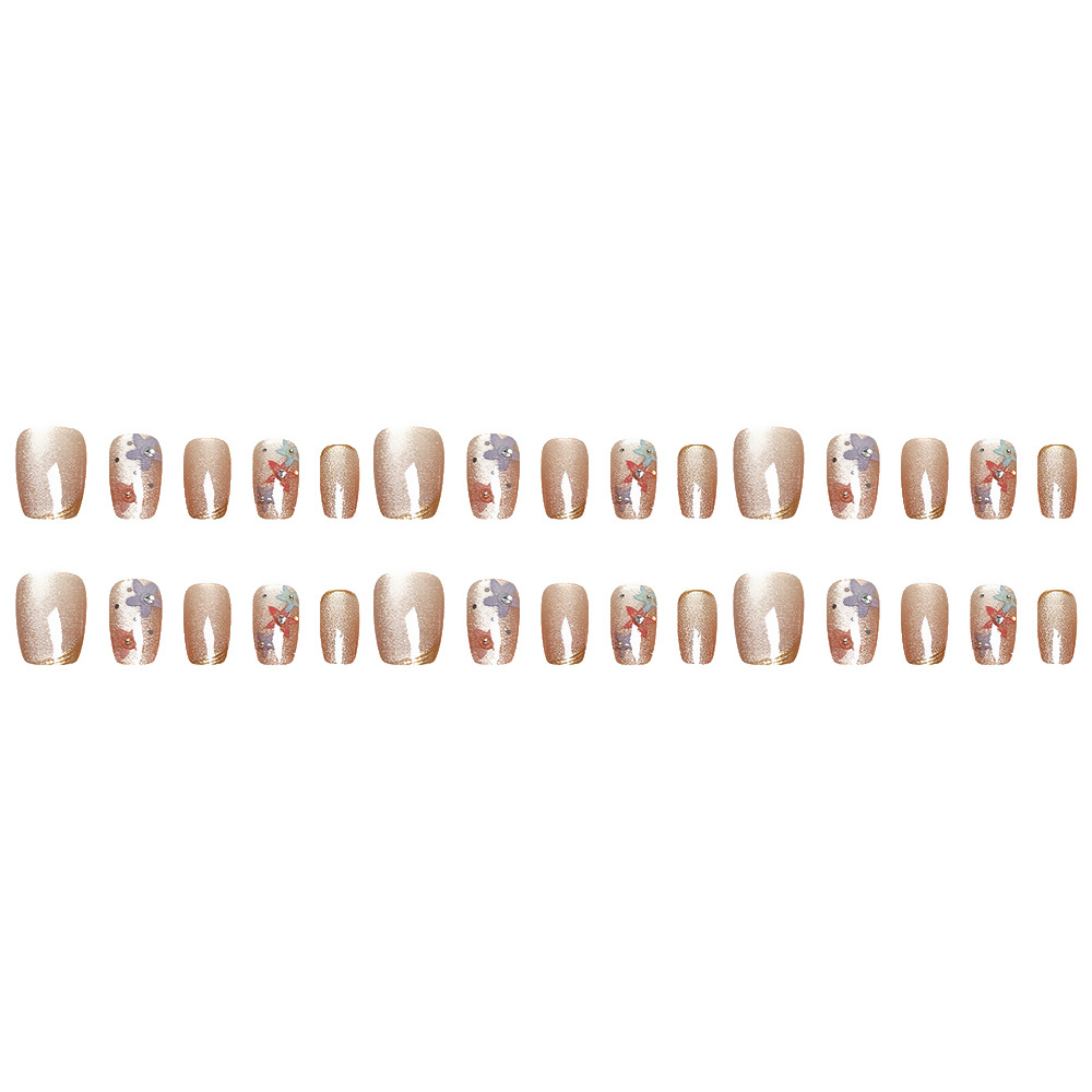 Parche de uñas de ojo de gato dorado, estrella, flor, diamante, armadura corta, 30 piezas, uñas prefabricadas