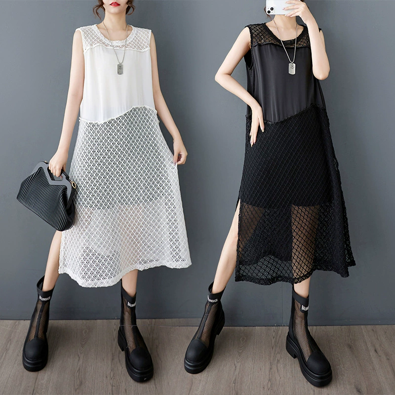 Реже выстрел 2025 лето новый свободный дизайн чувство полой сетки сшивания боковой вилки среднего и длинного платья без рукавов