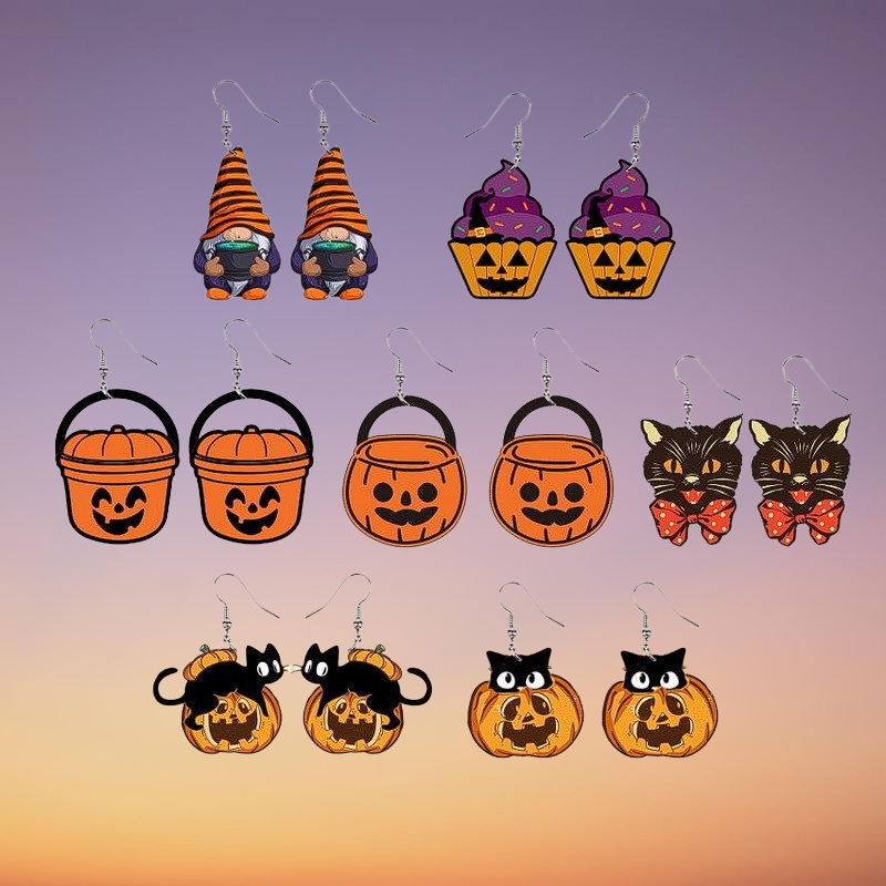 1 Paar Übertrieben Halloween-muster Kürbis Katze Holz Ohrhaken display picture 1