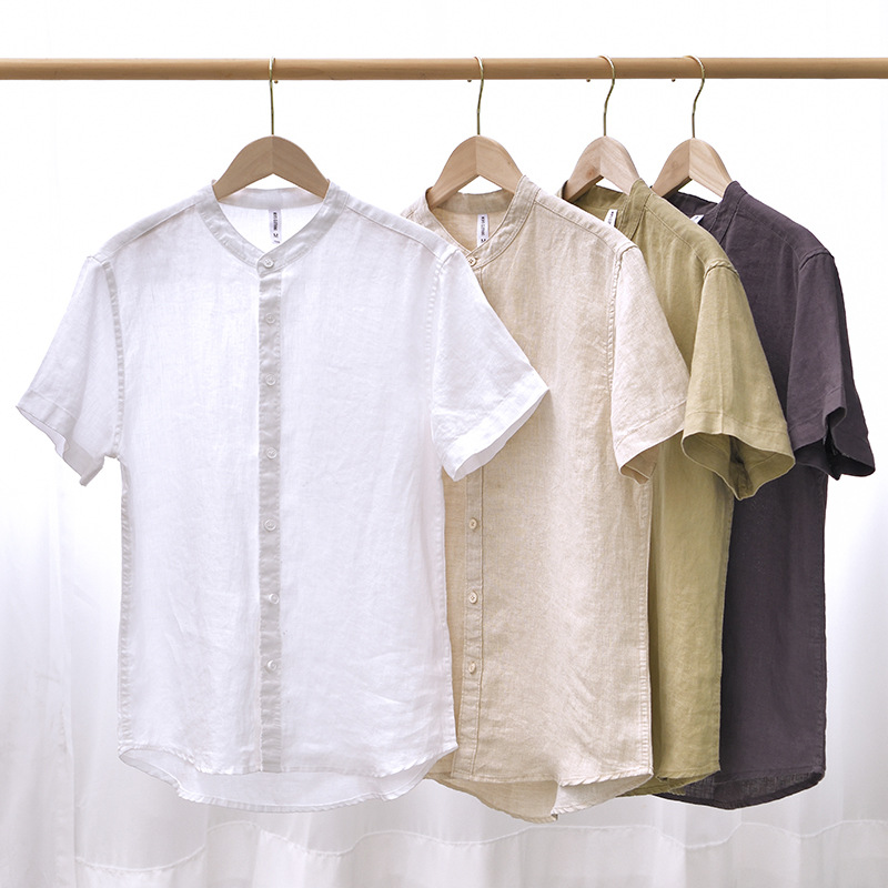 L941 Japanese Style Stand Collar Pure Linen Short-Sleeve Shirt Men's Summer Thin Style Youth Loose Short-Sleeve Linen Shirt