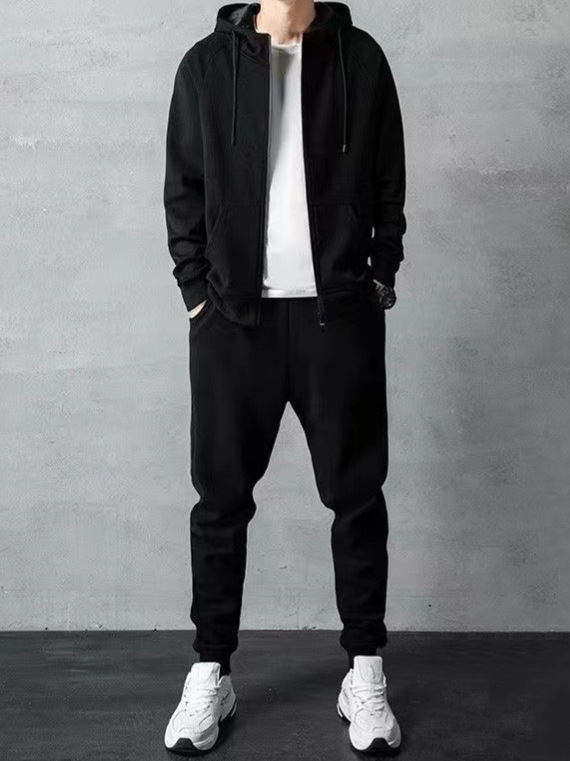 秋冬のシンプルなスポーツの帽子のスーツの男性の韓国版のゆったりした大きいサイズのファッションのカーディガンのジッパーの帽子のガードルのズボン