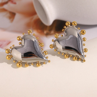 European and American Cross-Border New Style Exaggerated Light Luxury Two-Tone Earrings Stainless Steel Plated with 18K Gold Bead Edge Heart Stud Earrings