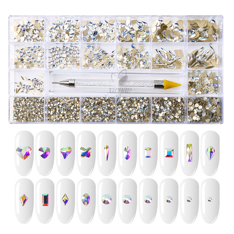 Aurora Flat-Bottomed Irregular-Shaped Rhinestones 21 Grids Nail Art Decorations Gold Base Ab Glass Rhinestones Nail Accessories Wholesale Crystal Rhinestones