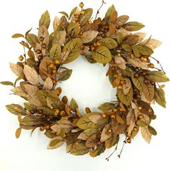 秋の花輪秋の花輪帯とザクロの果物は家庭の屋外農舎の壁に適している