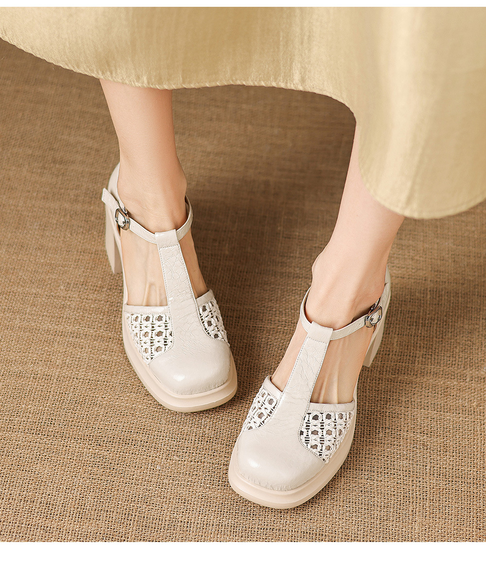 Sandal cao gót nữ quai ngang phong cách vintage, gót 8.5 cm, đế dày, mũi kín — đen chi tiết 12