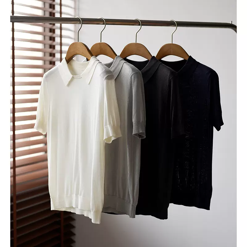 100%桑蚕丝针织翻领内搭短袖T恤打底毛衣女气质女装2026春夏16针