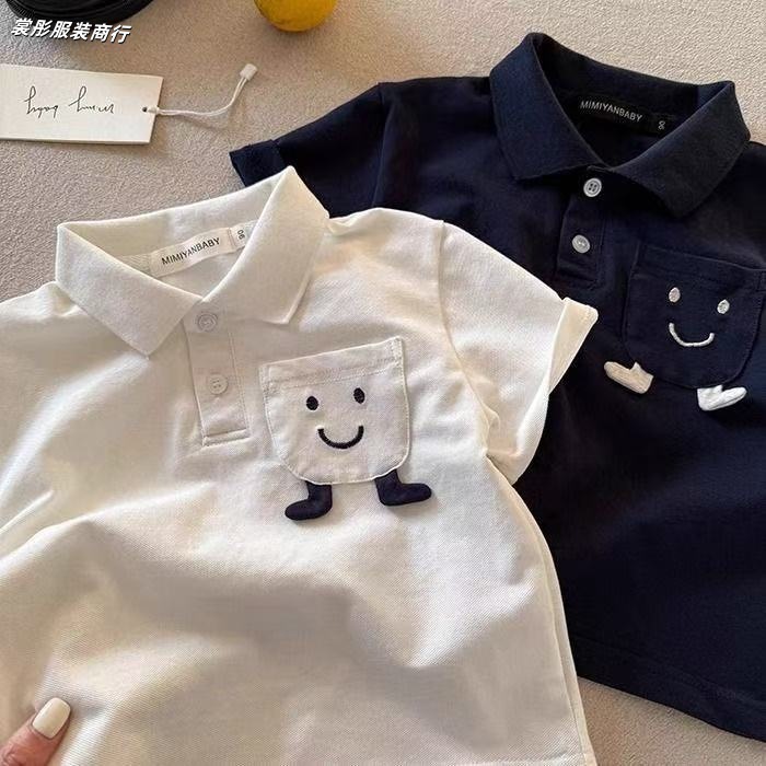 New summer cartoon-style stylish boys' and girls' children's clothing, baby 3D pocket embroidered collar short-sleeved T-shirt polo shirt