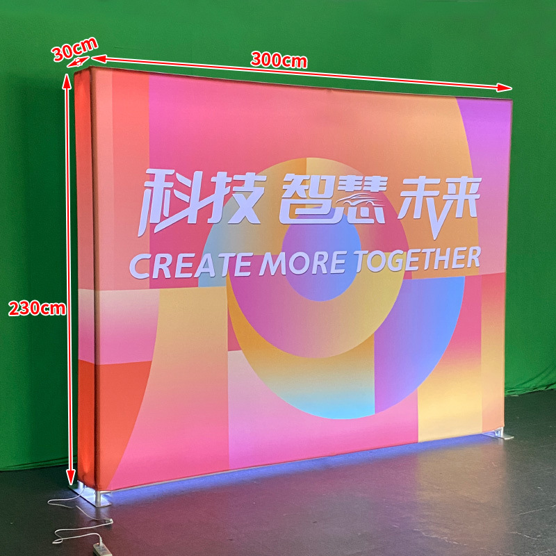Espectáculo de pantalla rápida, caja de luz, estante de exhibición de red de tracción, diseño de exhibición de pared de fondo luminoso plegable LED de doble cara, construcción de exhibición