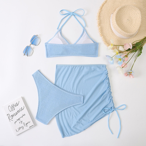 New cross-border European and American style spring and summer new women's swimwear slim solid color sexy fashion halter neck three-piece set