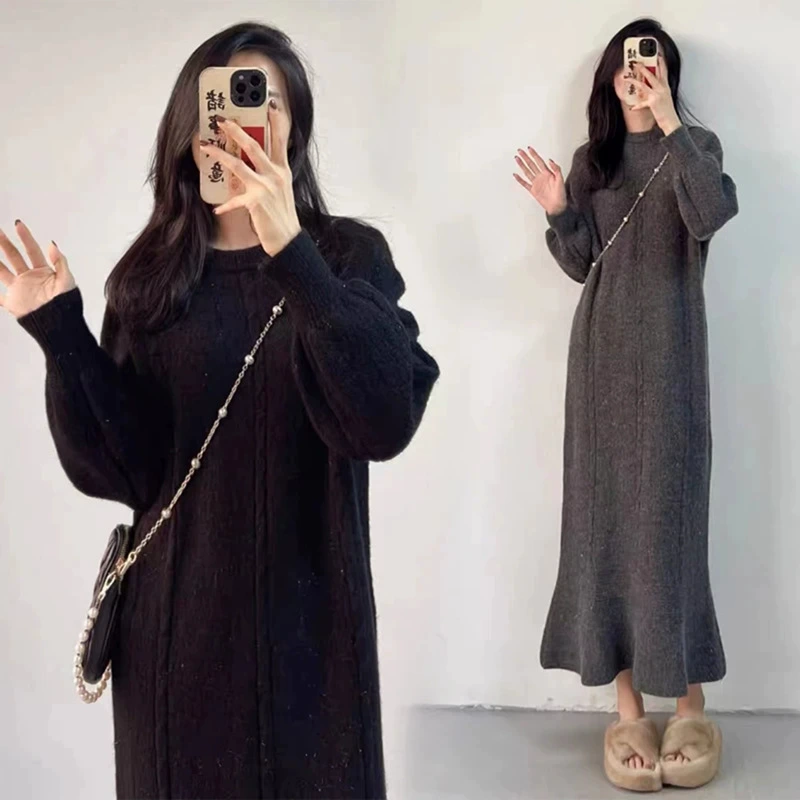 В наличии ~ 2024 осень и зима Рождество Тонкий блестящий утолщенный элегантный стройнящий вязаный свитер платье для беременных платье рыбий хвост