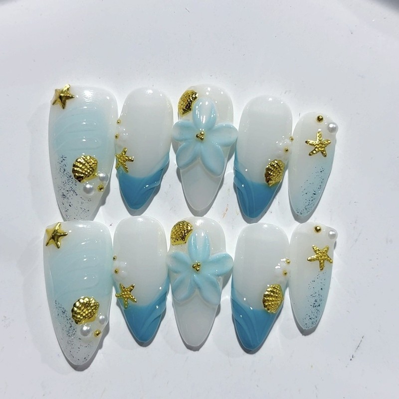 跨境新款蓝色夏日海滩花朵杏仁甲珍珠贝壳纯手工穿戴甲fakenails|undefined