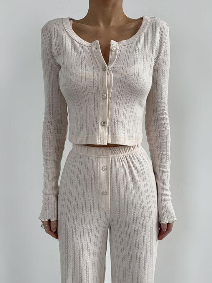 Bộ đồ ngủ nữ 3 món áo cardigan dài tay quần dài họa tiết jacquard — Màu be, Màu hồng chi tiết 88