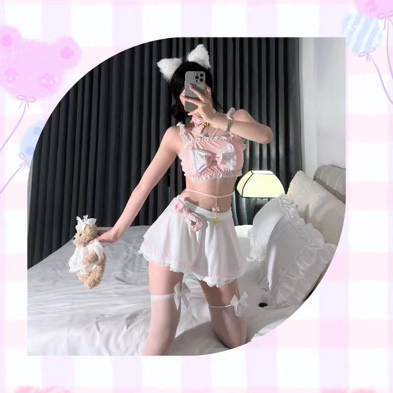Lolita Maid Costume Lingerie Set with Bow, Breast Pads, Stockings and Ears — detail image 2