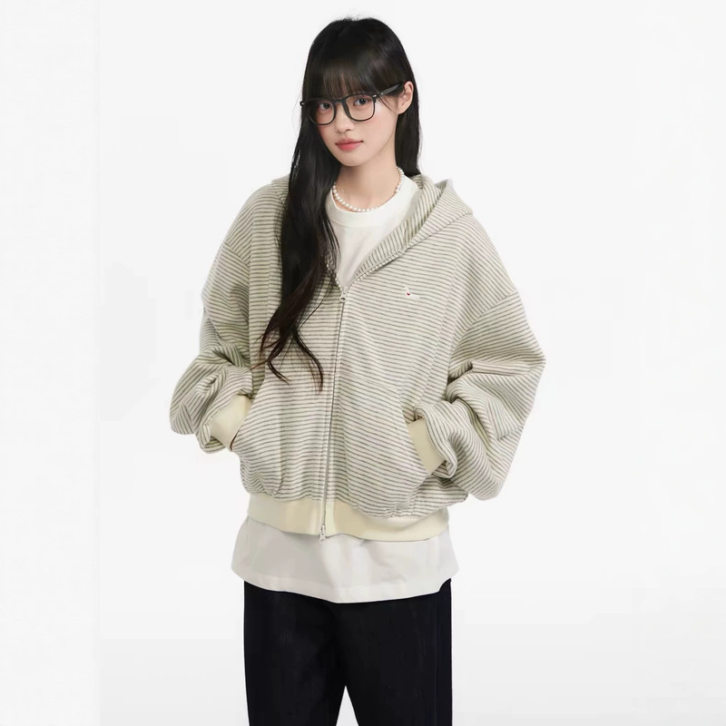 [Same style as Qi Yandi] King Prince Korean-style loose striped cardigan hooded sweatshirt jacket