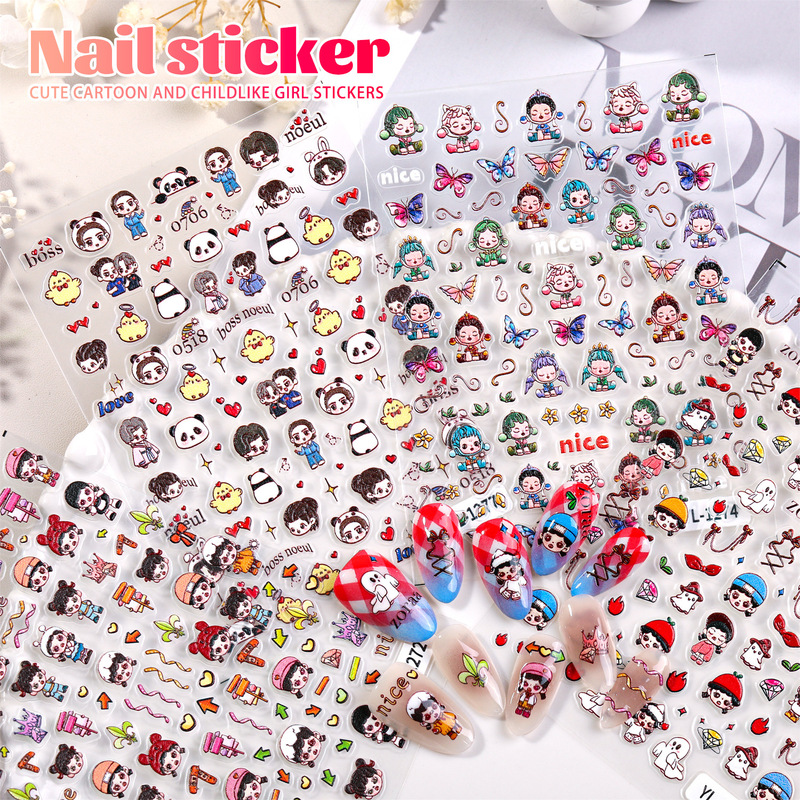 Embossed Nail Art Stickers Popular Japanese Style Cute 5D Nail Stickers Stereo Beautiful Girl Doll Sticker Jewelry
