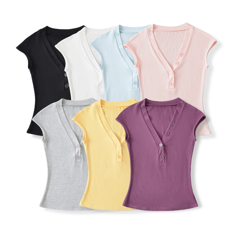 2025夏の新型ギャルの深いvネックの修身はやせているボタンの半袖のtシャツの女性の純色の百掛けの小さい飛袖の上着の潮を現します。|undefined