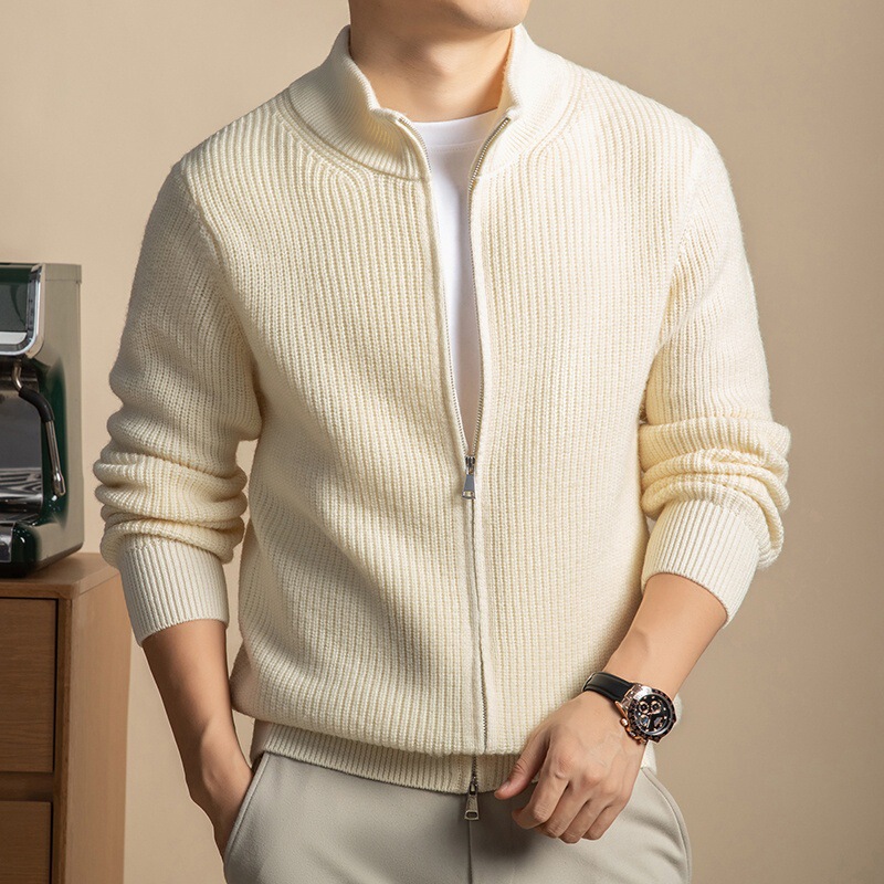 5-Pin Thickened Ingot Needle Stand Collar Wool Cardigan Men's Autumn and Winter Pure Wool Knit Jacket Versatile Breathable Top