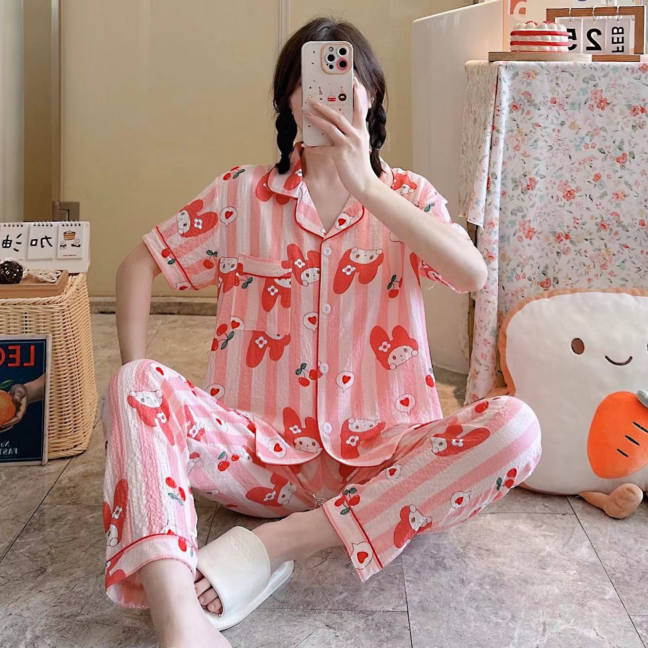 Pajamas de espuma tejidos de verano de algodón pantalones largos de mangas cortas ropa para el hogar de verano delgada de algodón conjunto de dos piezas
