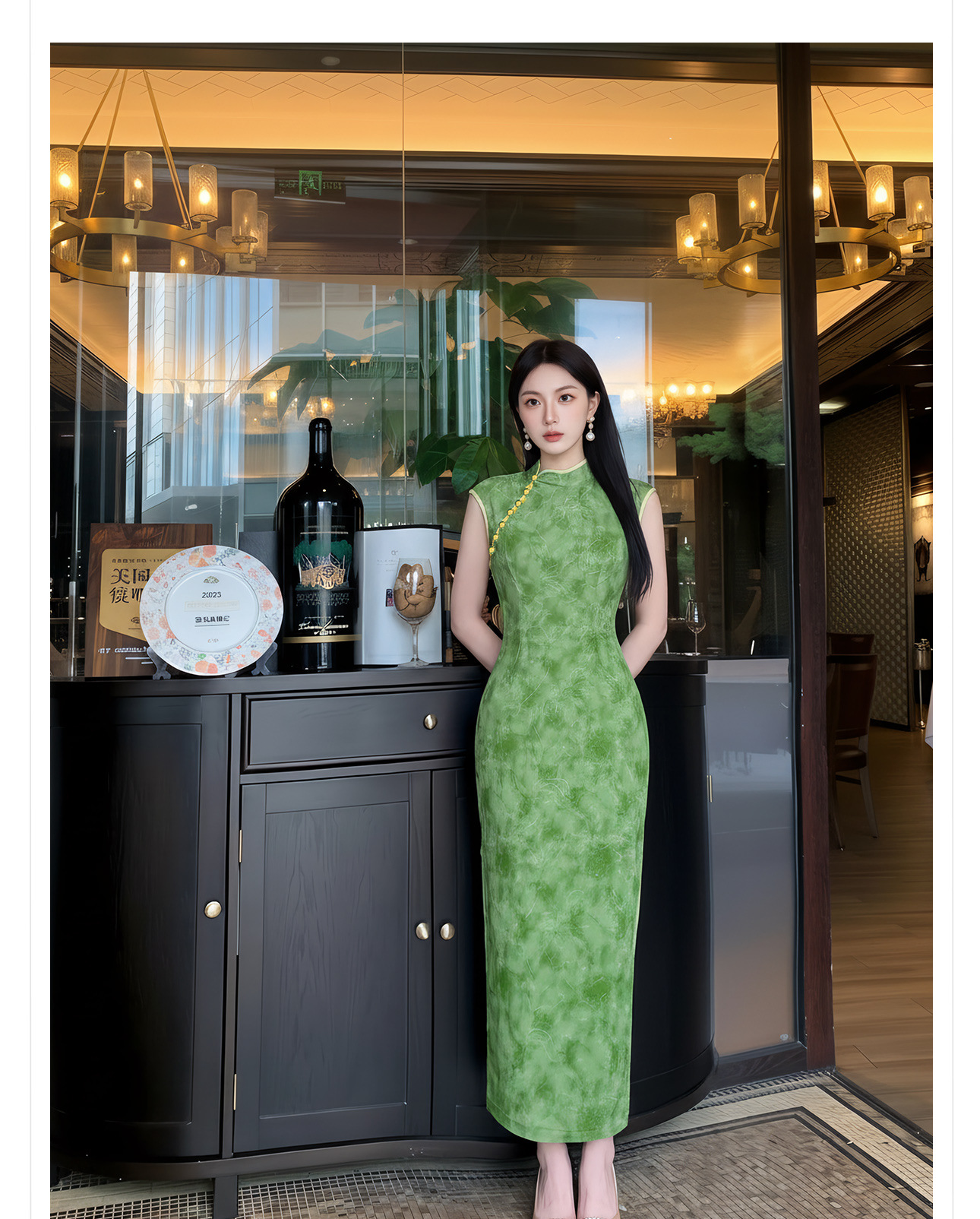Đầm maxi nữ thắt eo cổ đứng tay dài họa tiết loang màu phong cách Tân Trung Hoa — Xanh lá cây nhạtcolor chi tiết 9